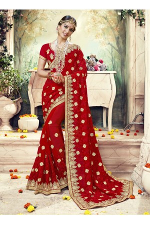 Red Faux  Georgette  Embroidered  Traditional  Saree 7402